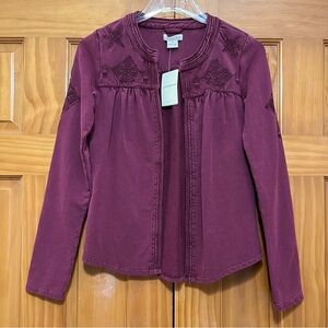 Lucky Brand Burgundy Open Front Embroidered Jacket Size XS NWT